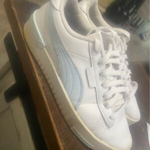 Puma White Leather Sneakers with Light Blue Formstrip